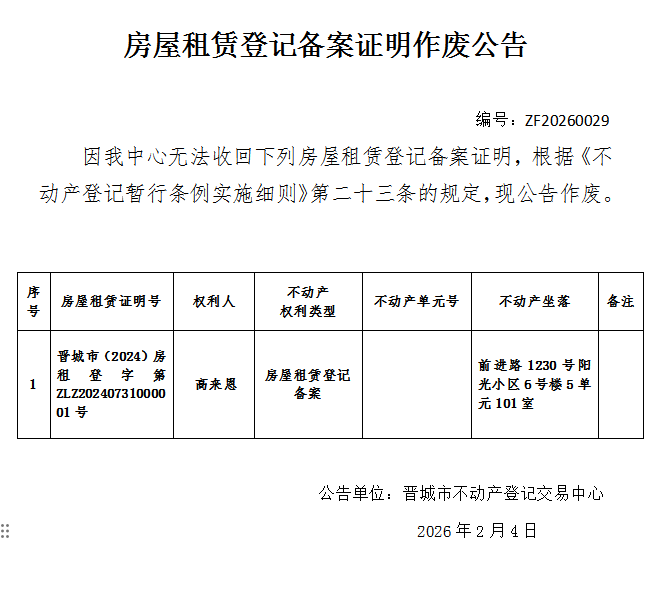 房屋租赁登记备案证明作废公告（一千二百六十一）20260029(图1)