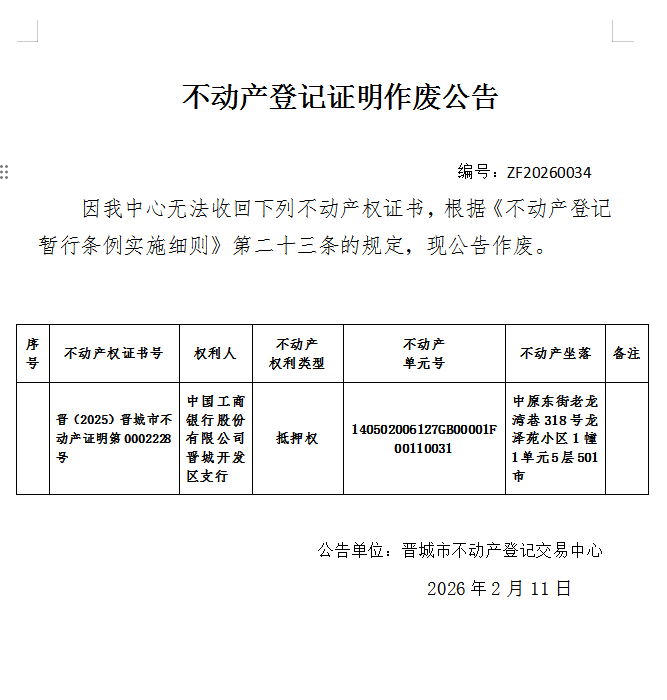 不动产登记证明作废公告（一千二百六十六）20260034(图1)