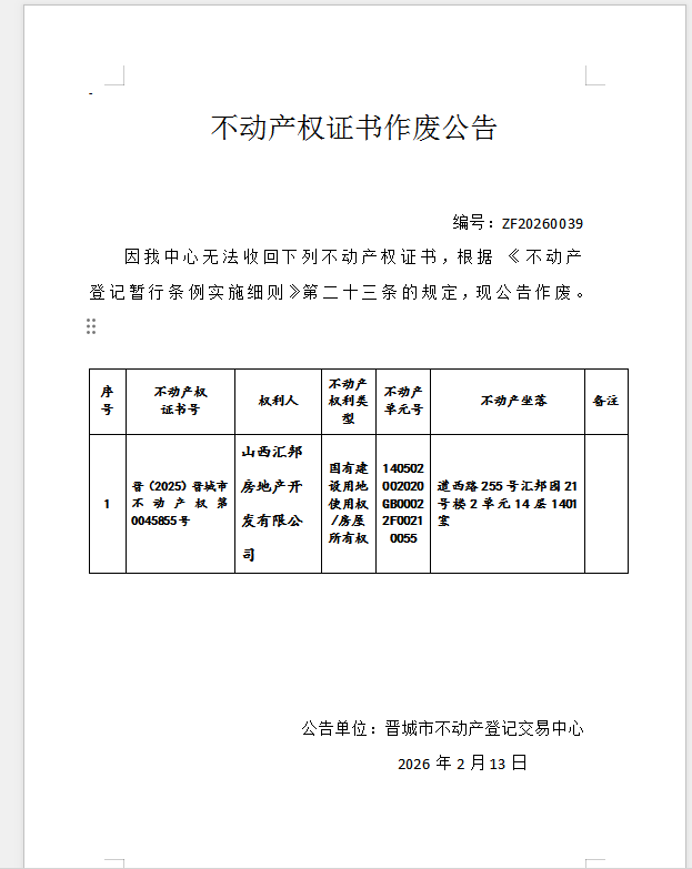 不动产权证书作废公告（一千二百七十一）20260039(图1)
