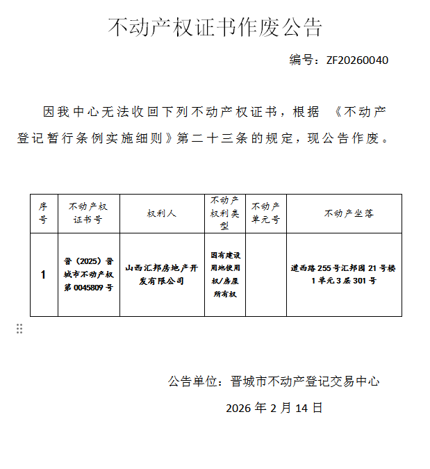 不动产权证书作废公告（一千二百七十二）20260040(图1)