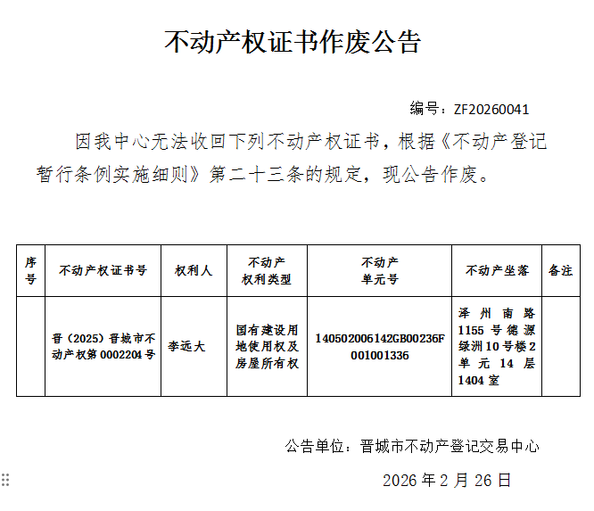 不动产权证书作废公告（一千二百七十三）20260041(图1)