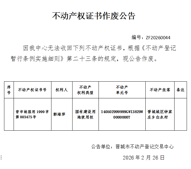 不动产权证书作废公告（一千二百七十六）20260044(图1)