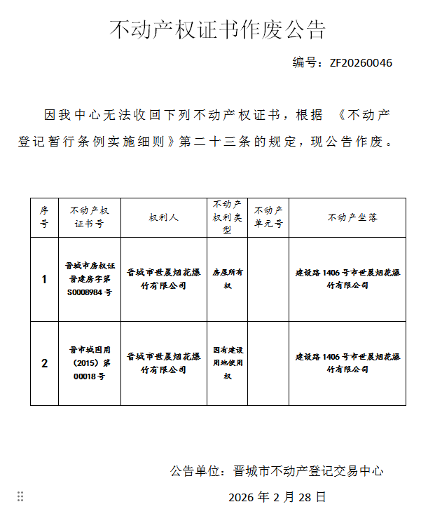 不动产权证书作废公告（一千二百七十八）20260046(图1)