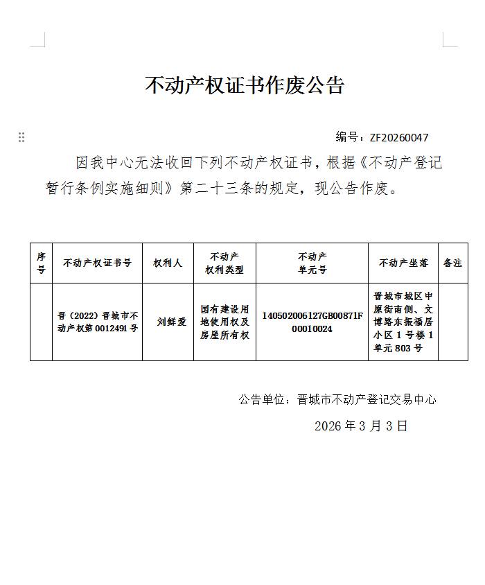 不动产权证书作废公告（一千二百七十九）20260047(图1)