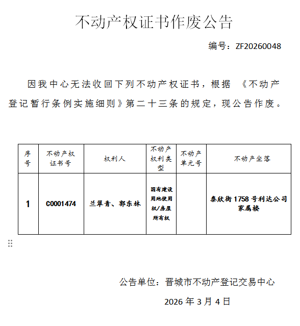 不动产权证书作废公告（一千二百八十）20260048(图1)