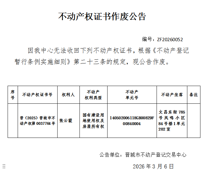 不动产权证书作废公告（一千二百八十四）20260052(图1)