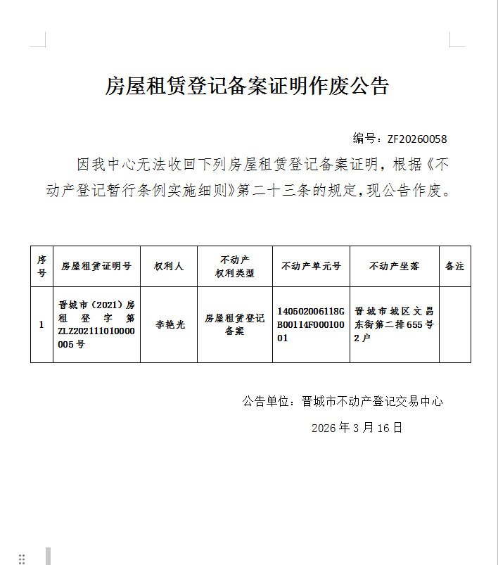 房屋租赁登记备案证明作废公告（一千二百九十）20260058(图1)
