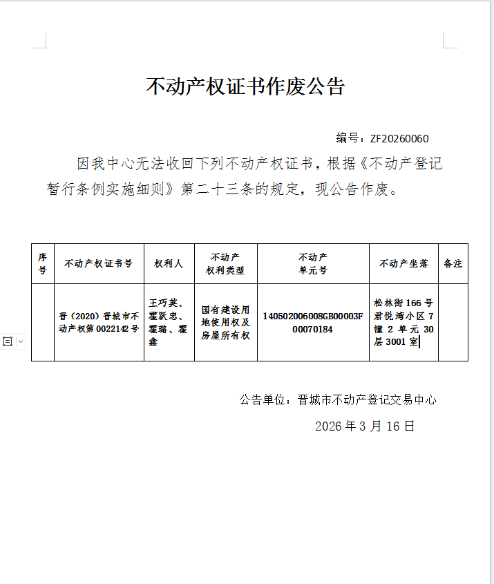 不动产权证书作废公告（一千二百九十二）20260060(图1)