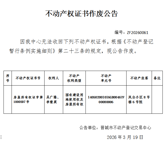 不动产权证书作废公告（一千二百九十三）20260061(图1)
