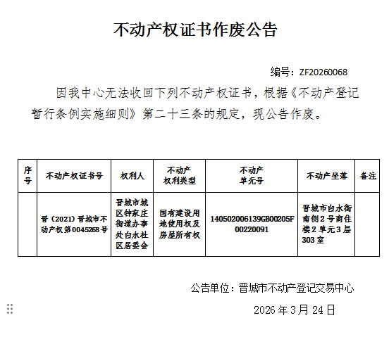 不动产权证书作废公告（一千三百）20260068(图1)