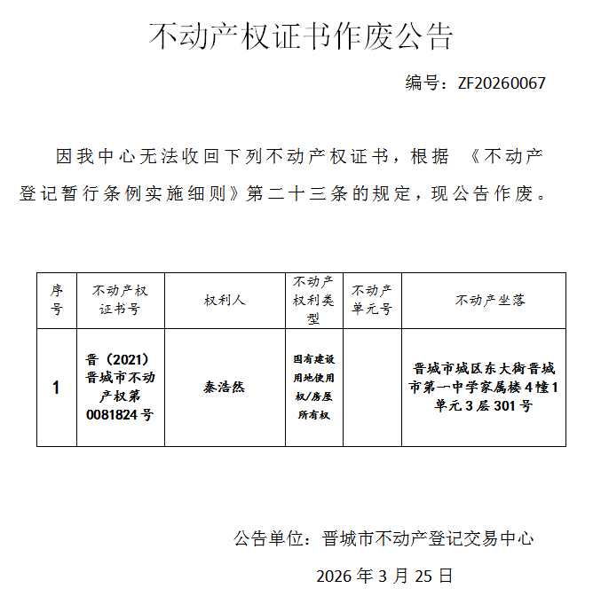 不动产权证书作废公告（一千三百零一）20260067(图1)
