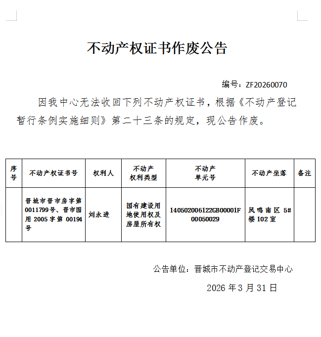 不动产权证书作废公告（一千三百零四）20260070(图1)