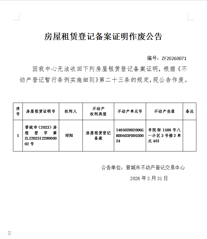 房屋租赁登记备案作废公告（一千三百零五）20260071(图1)