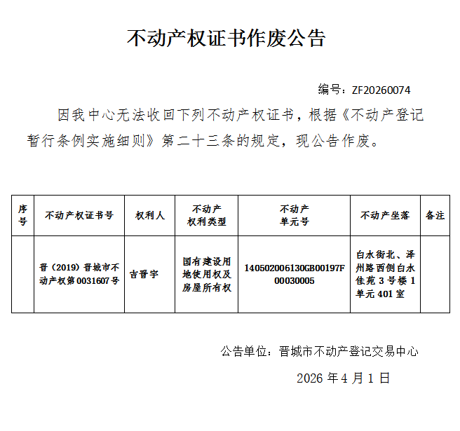 不动产权证书作废公告（一千三百零六）20260074(图1)