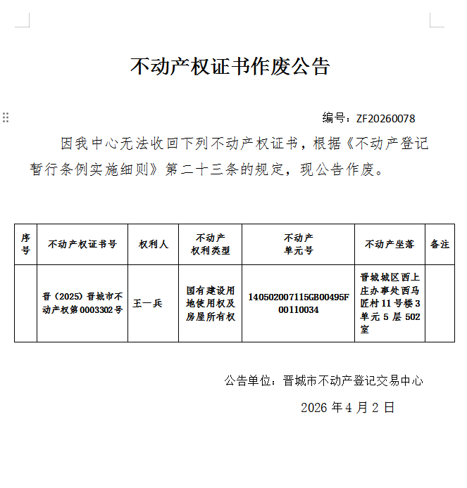 不动产权证书作废公告（一千三百一十）20260078(图1)