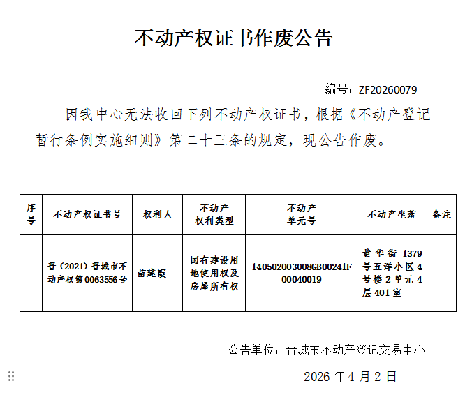 不动产权证书作废公告（一千三百一十一）20260079(图1)