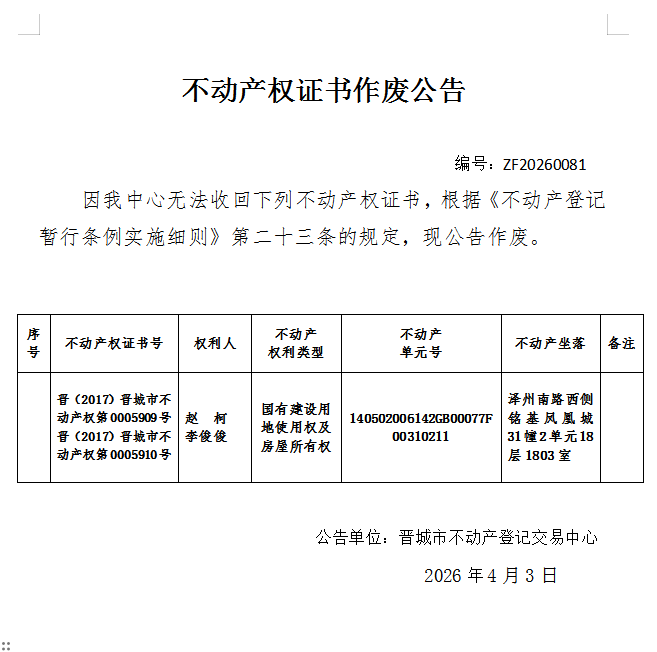 不动产权证书作废公告（一千三百一十三）20260081(图1)
