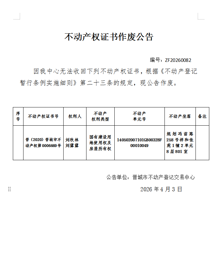 不动产权证书作废公告（一千三百一十四）20260082(图1)