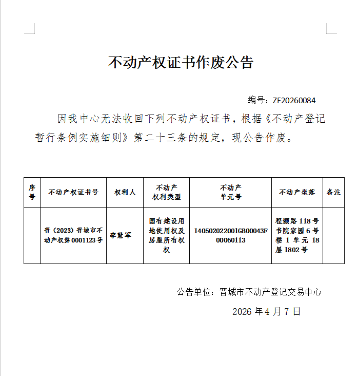 不动产权证书作废公告（一千三百一十六）20260084(图1)