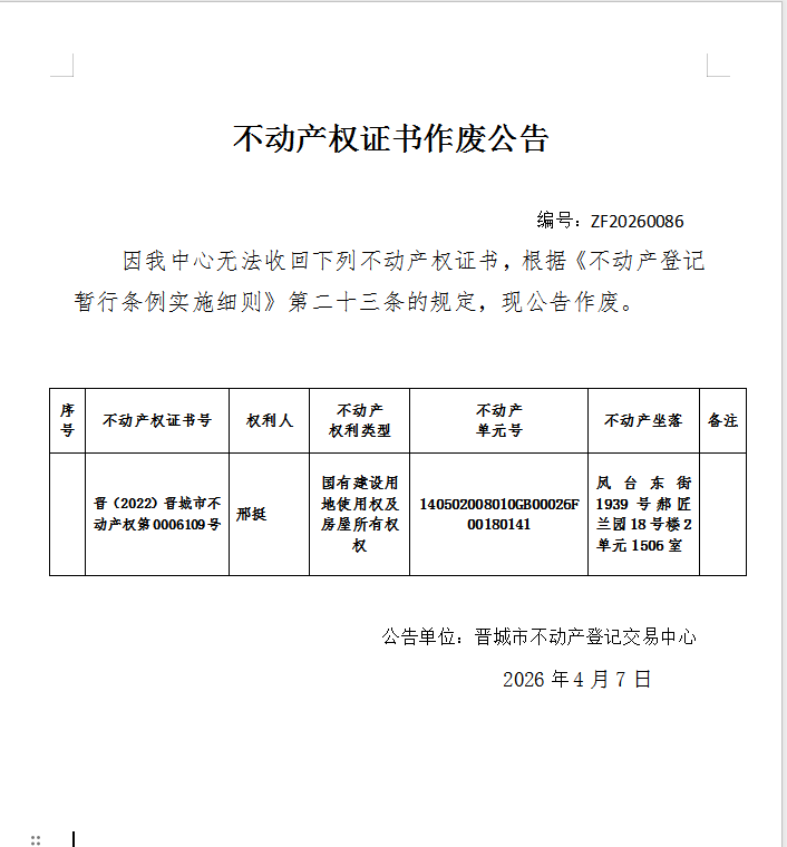 不动产权证书作废公告（一千三百一十八）20260086(图1)