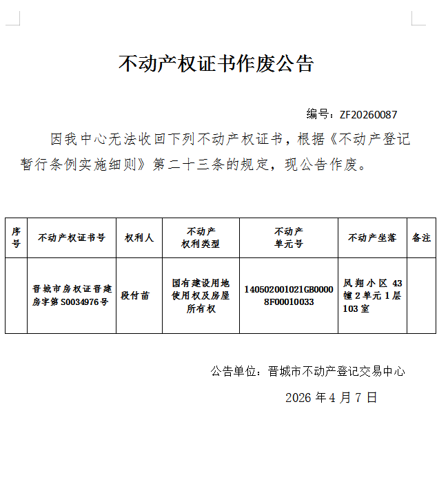 不动产权证书作废公告（一千三百一十九）20260087(图1)