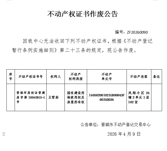 不动产权证书作废公告（一千三百二十二）20260090(图1)