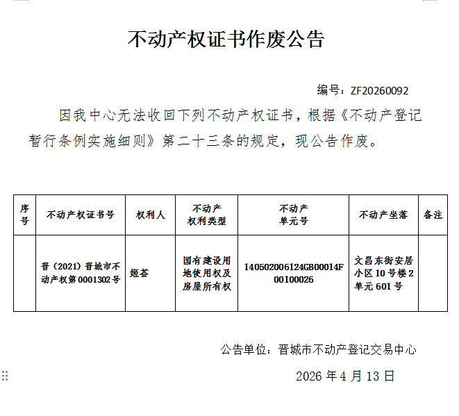 不动产权证书作废公告（一千三百二十四）20260092(图1)