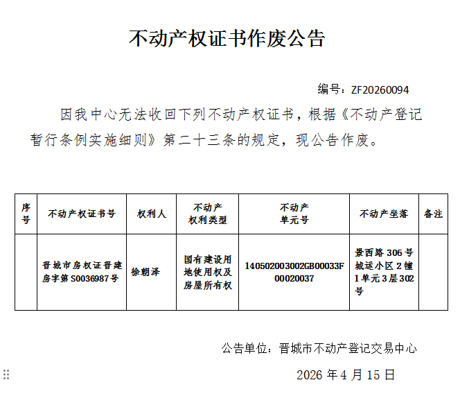 不动产权证书作废公告（一千三百二十六）20260094(图1)