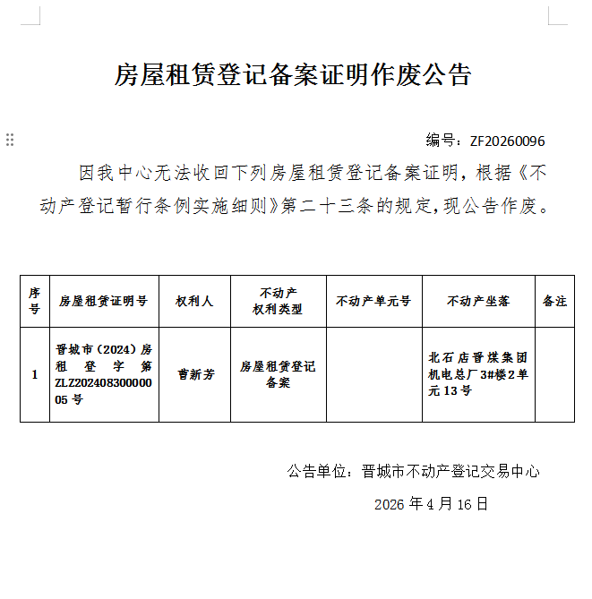 房屋租赁登记备案证明作废公告（一千三百二十八）20260096(图1)