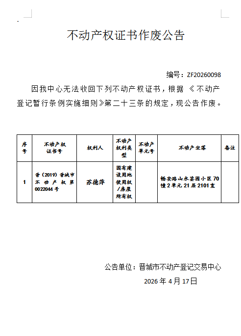 不动产权证书作废公告（一千三百三十）20260098(图1)