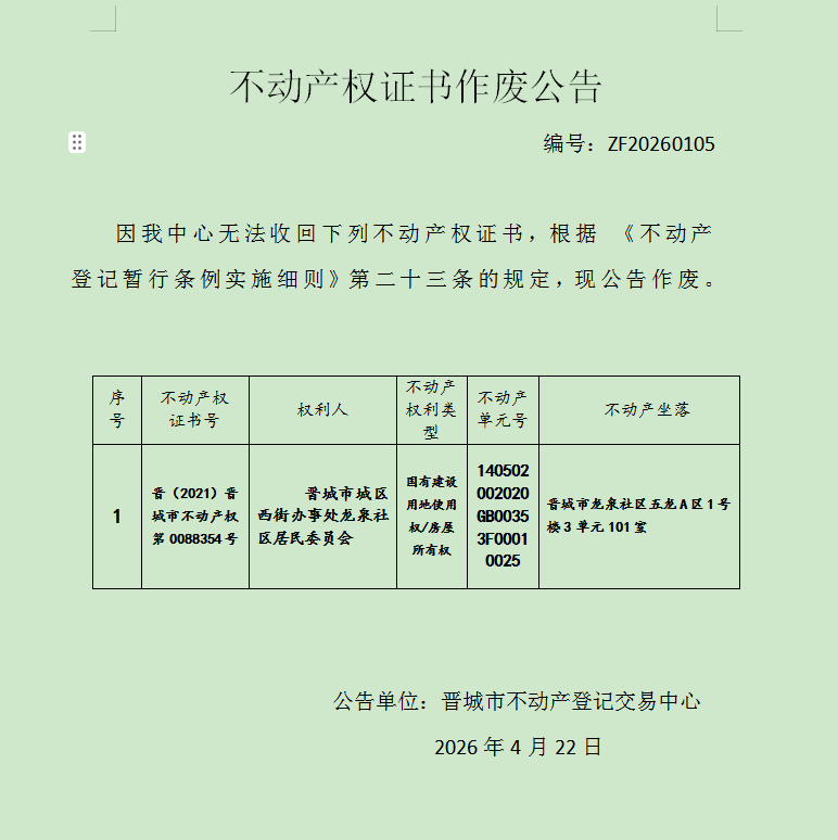 不动产权证书作废公告（一千三百三十七）20260105(图1)
