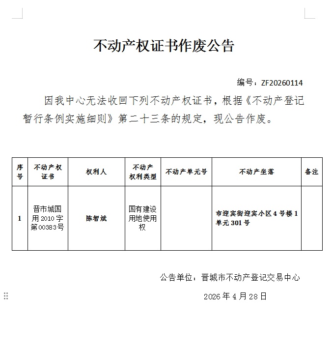 不动产权证书作废公告（一千三百四十六）20240114(图1)