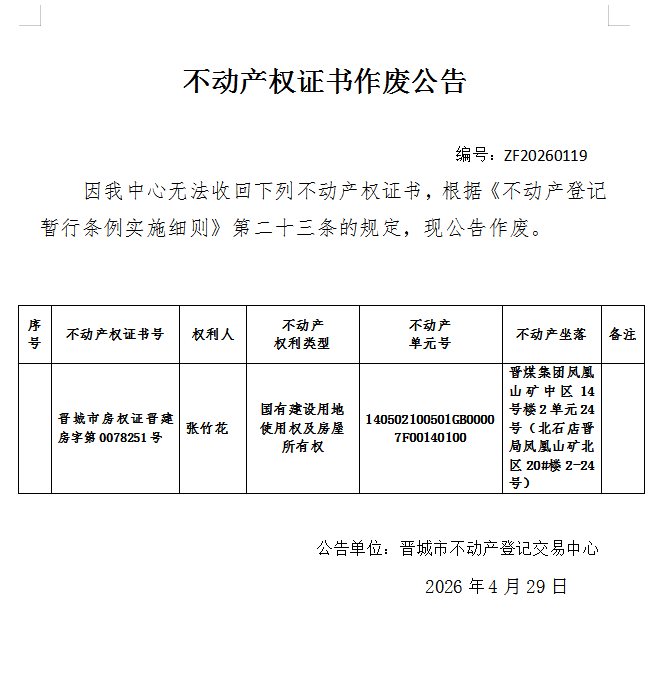 不动产权证书作废公告（一千三百五十一）20260119(图1)