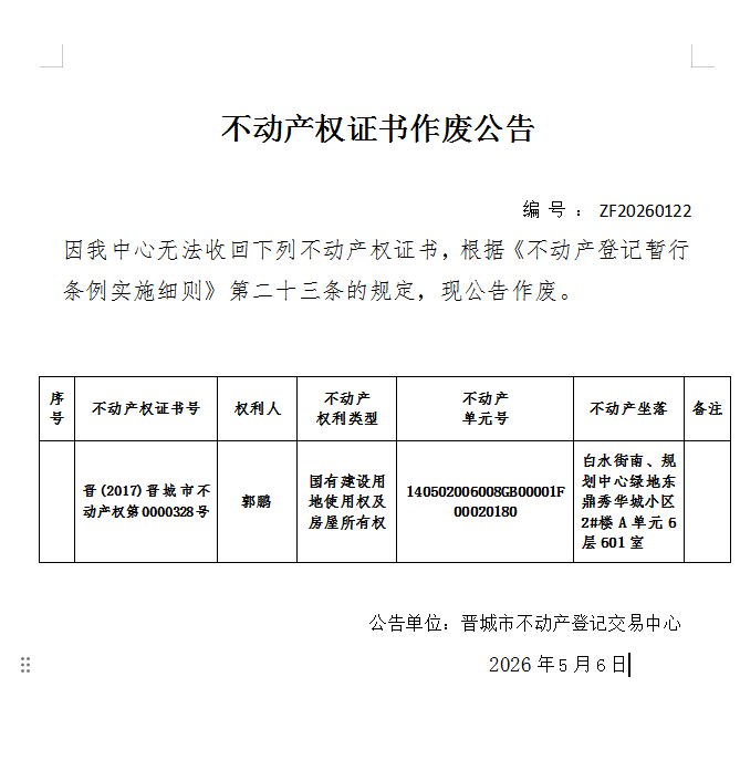 不动产权证书作废公告（一千三百五十四）20260122(图1)