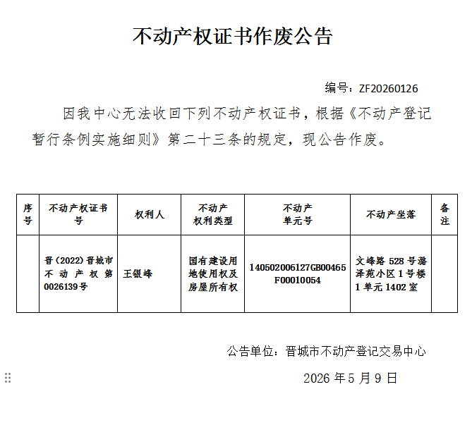 不动产权证书作废公告（一千三百五十八）20260126(图1)