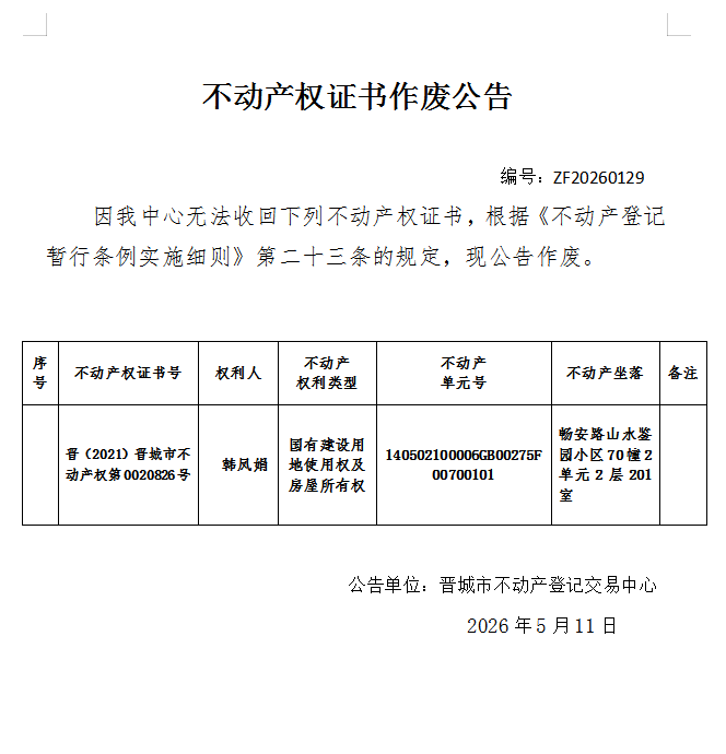 不动产权证书作废公告（一千三百六十一）20260129(图1)