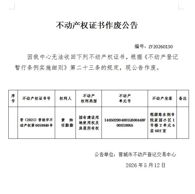 不动产权证书作废公告（一千三百六十二）20260130(图1)