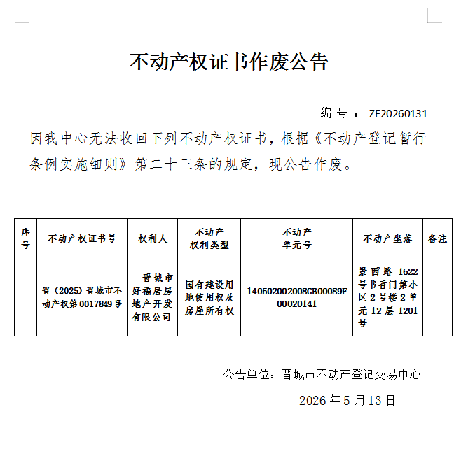 不动产权证书作废公告（一千三百六十三）20260131(图1)