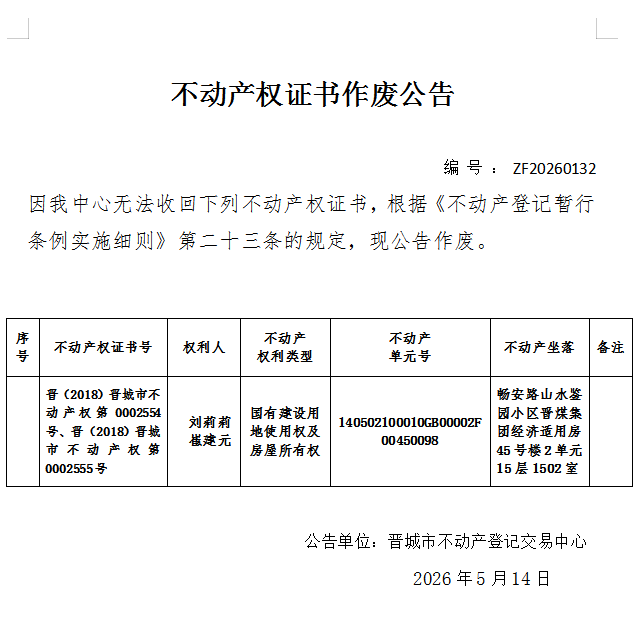 不动产权证书作废公告（一千三百六十四）20260132(图1)