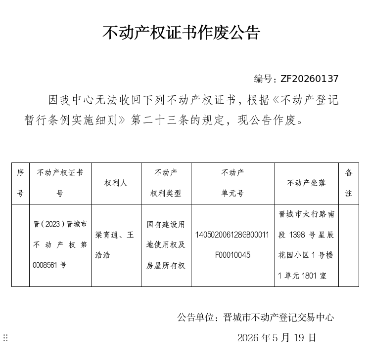 不动产权证书作废公告（一千三百六十九）20260137(图1)