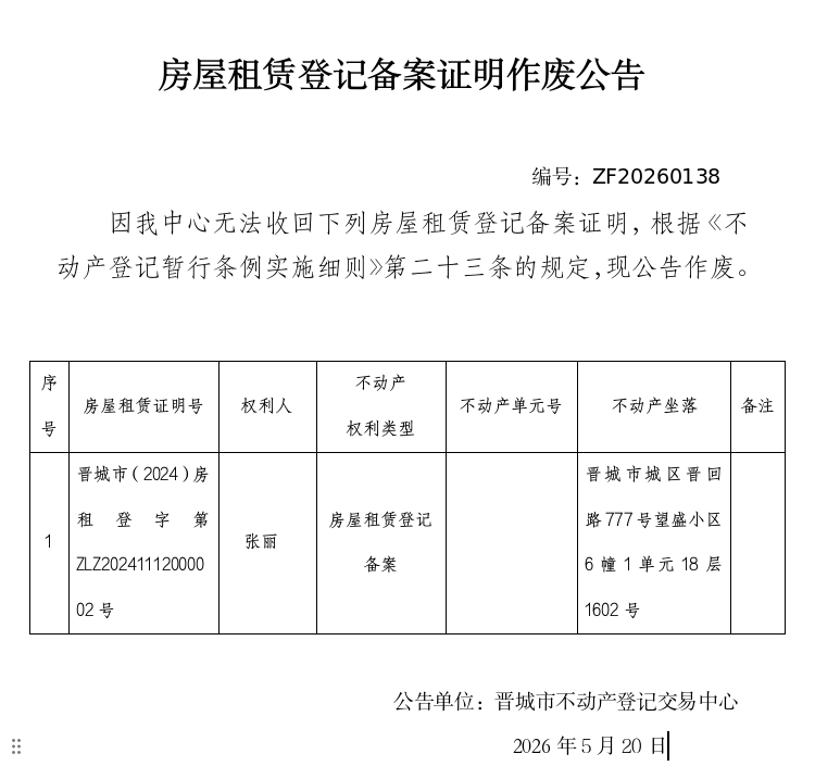 房屋租赁登记备案证明作废公告（一千三百七十）20260138(图1)