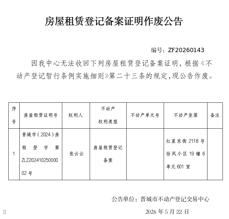  房屋租赁登记备案证明作废公告（一千三百七十五）20260143(图1)