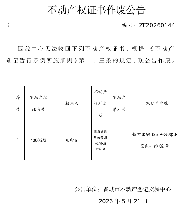 不动产权证书作废公告（一千三百七十六）20260144(图1)