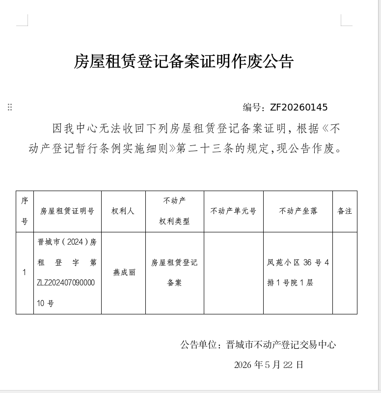  房屋租赁登记备案证明作废公告（一千三百七十七）20260145(图1)