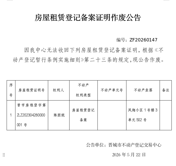  房屋租赁登记备案证明作废公告（一千三百七十九）20260147(图1)