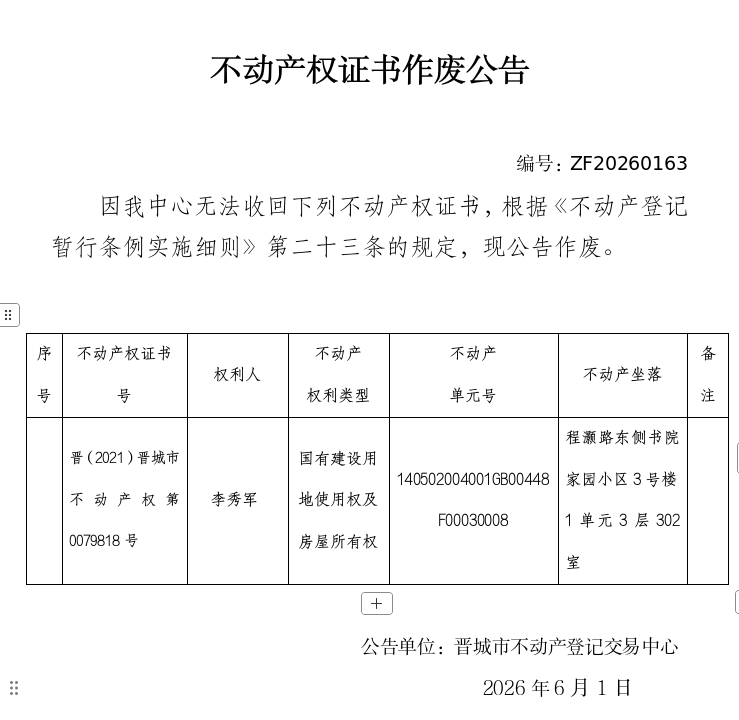  不动产权证书作废公告（一千三百九十五）20260163(图1)