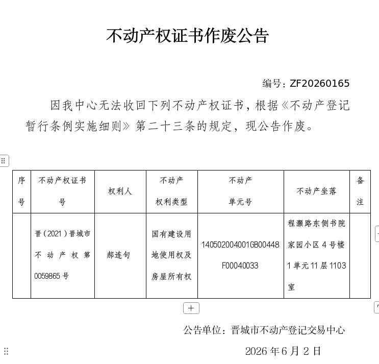  不动产权证书作废公告（一千三百九十七）20260165(图1)