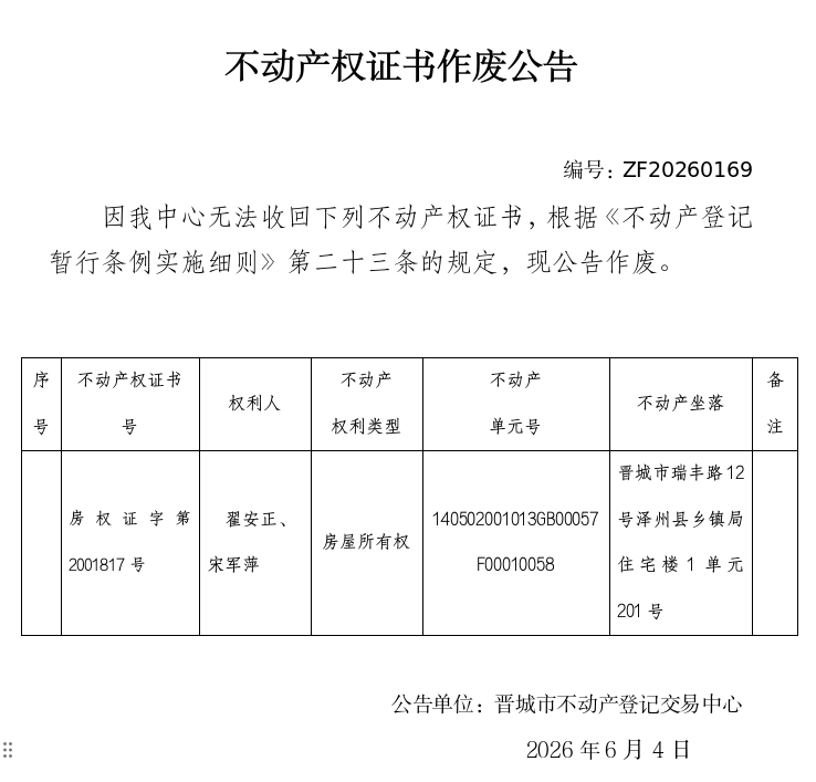  不动产权证书作废公告（一千四百零一）20260169(图1)