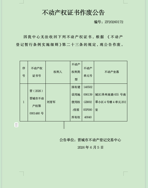  不动产权证书作废公告（一千四百零四）20260172(图1)