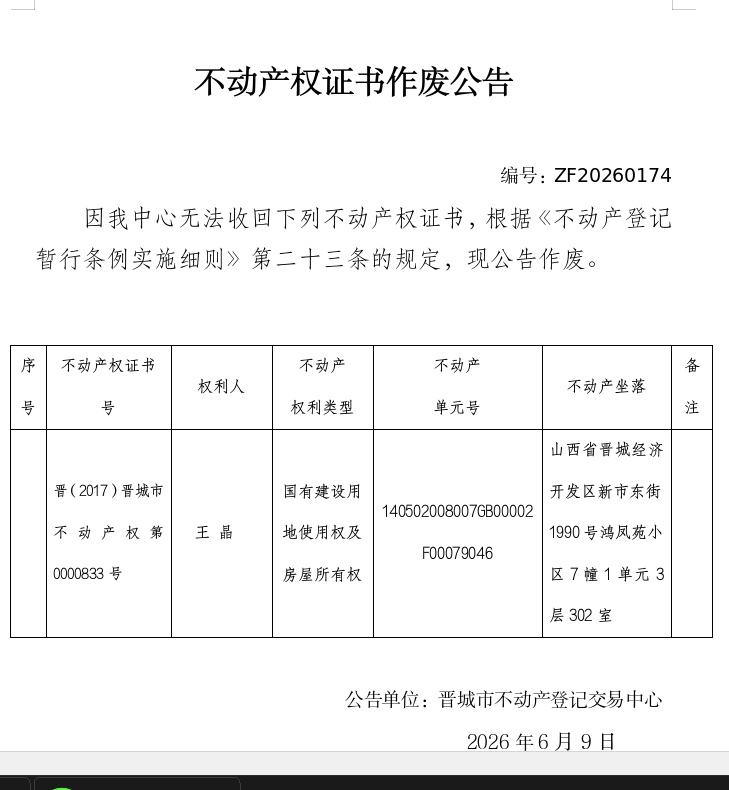  不动产权证书作废公告（一千四百零六）20260174(图1)